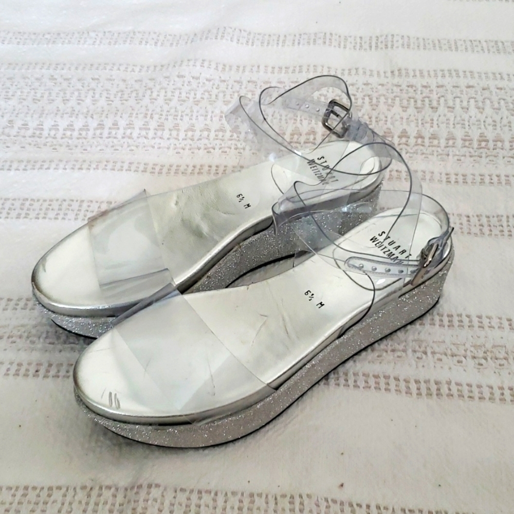 Stuart Weitzman silver glitter platform clear ankle strap occasion shoes, 6.5